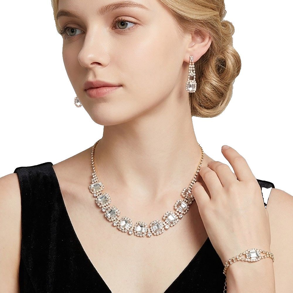 3pcs Crystal Rhinestone Jewelry Set Formal Necklace Earrings Bracelet Gold Tone